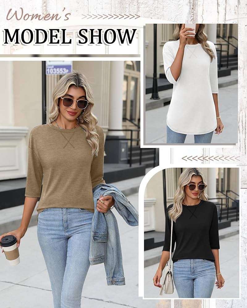 Riyiper 3 Pack Elbow Length Tee Shirts for Women 3/4 Sleeve Tunic Tops Round Neck Curved Hem Leggings Blouse - Image 4