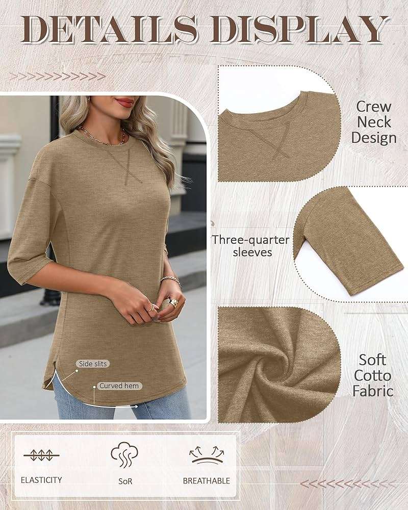 Riyiper 3 Pack Elbow Length Tee Shirts for Women 3/4 Sleeve Tunic Tops Round Neck Curved Hem Leggings Blouse - Image 5