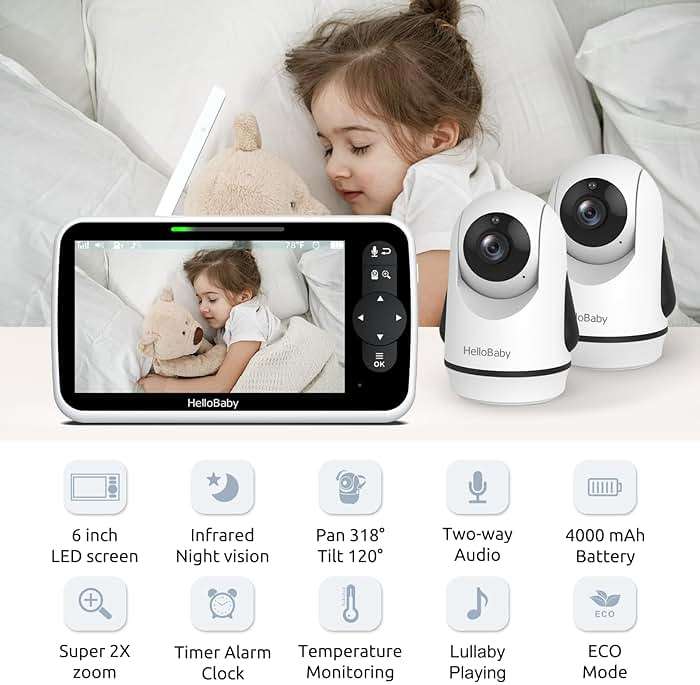 HelloBaby Video Baby Monitor with Upgraded 6” IPS Large Screen, Split Screen with 2 Cameras, Night Vision and Temprature Monitoring, Remote Pan-Tilt-Zoom Camera, No-WiFi - Image 2