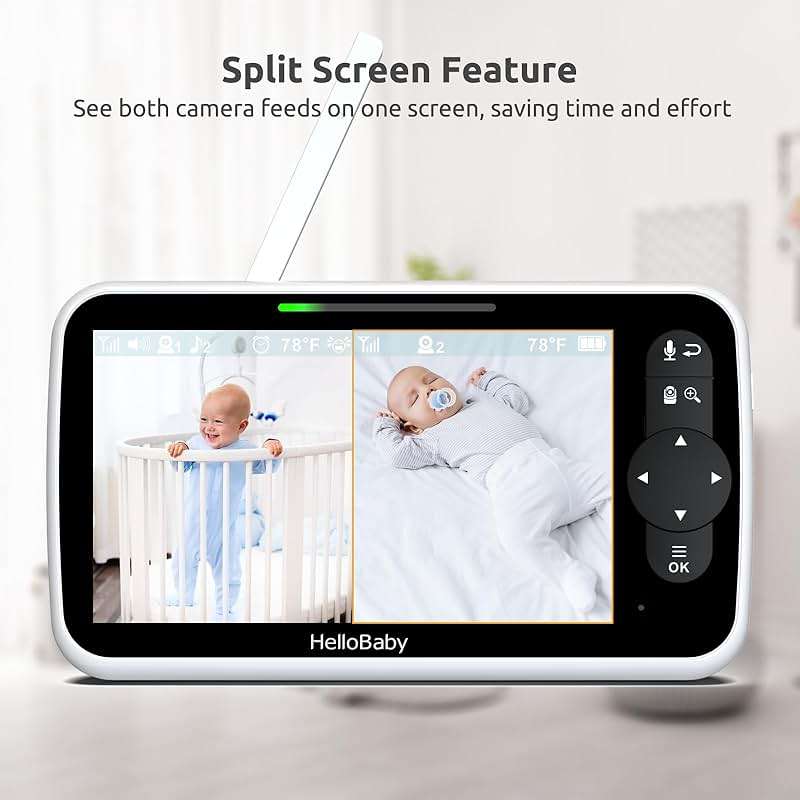 HelloBaby Video Baby Monitor with Upgraded 6” IPS Large Screen, Split Screen with 2 Cameras, Night Vision and Temprature Monitoring, Remote Pan-Tilt-Zoom Camera, No-WiFi - Image 3