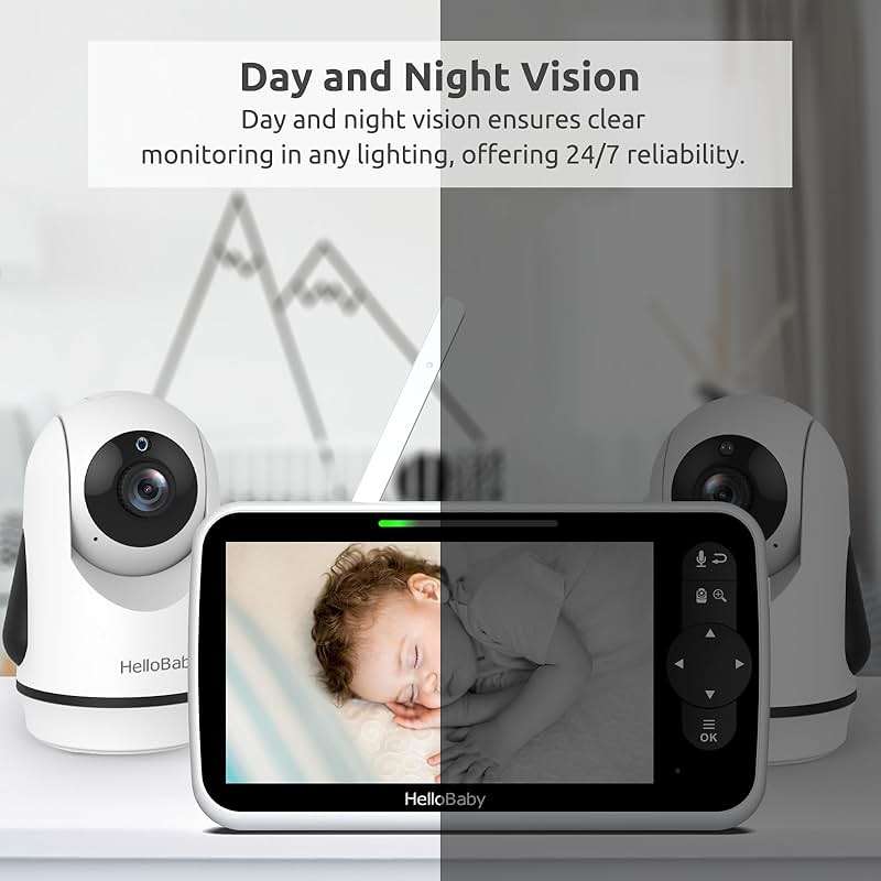 HelloBaby Video Baby Monitor with Upgraded 6” IPS Large Screen, Split Screen with 2 Cameras, Night Vision and Temprature Monitoring, Remote Pan-Tilt-Zoom Camera, No-WiFi - Image 6