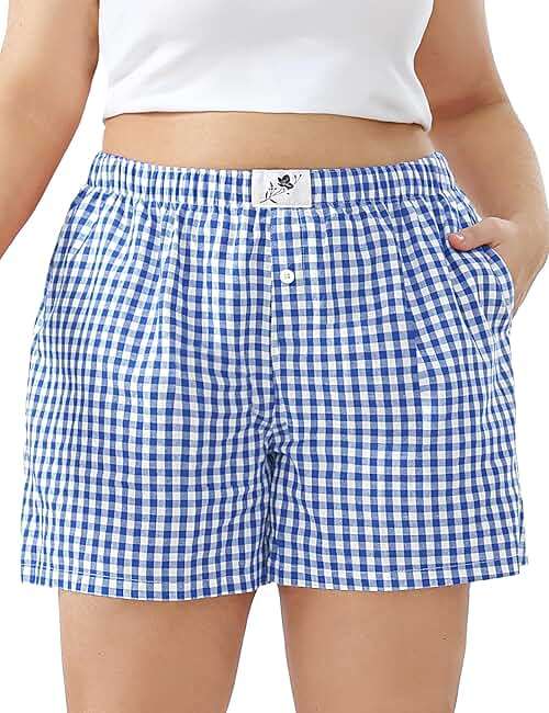 FOREYOND Plus Size Boxer Shorts for Women Gingham Lounge Sleep Plaid Shorts Y2K Beach Bottoms 1XL-5XL - Image 1