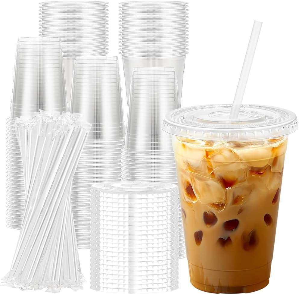 Lamosi 100 Pack 16 oz Clear Plastic Cups with Lids and Straws, Disposable Plastic Coffee Cups with Lids for Iced Coffee, Cold Beverages, Smoothies and To-Go Drinks - Image 1