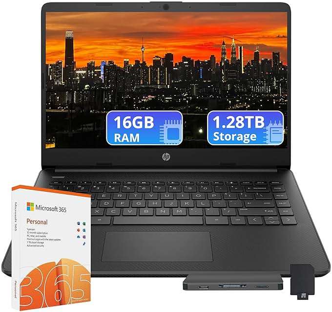 HP Flagship 14" HD Laptop with 1 Year Office 365 | 16GB RAM | 1.28TB Storage(128GB EMMC & 160GB Docking Station Set & 1TB Cloud Storage) | Intel 4-Core Processor | Webcam | Wi-Fi | Windows 11 | Black - Image 1