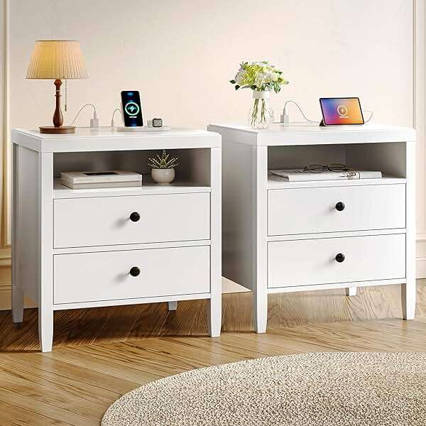 Huuger White Nightstand Set of 2, Night Stand with Charger Station, Bedside Table with 2 Drawers, Bed Side Tables for Bedroom, Modern Nightstands, Metal Knobs, Painted Surface - Image 1