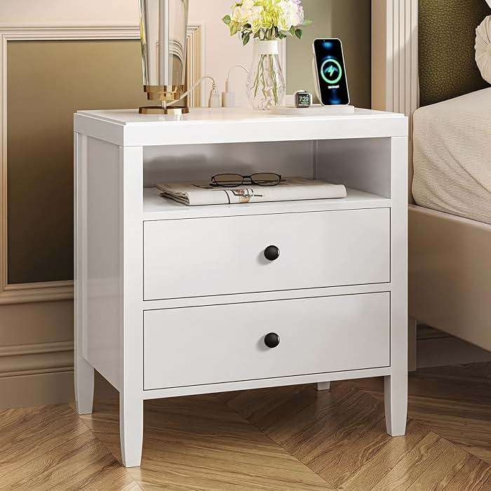 Huuger White Nightstand Set of 2, Night Stand with Charger Station, Bedside Table with 2 Drawers, Bed Side Tables for Bedroom, Modern Nightstands, Metal Knobs, Painted Surface - Image 4