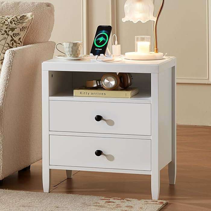 Huuger White Nightstand Set of 2, Night Stand with Charger Station, Bedside Table with 2 Drawers, Bed Side Tables for Bedroom, Modern Nightstands, Metal Knobs, Painted Surface - Image 5