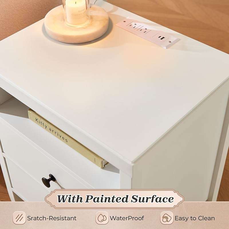 Huuger White Nightstand Set of 2, Night Stand with Charger Station, Bedside Table with 2 Drawers, Bed Side Tables for Bedroom, Modern Nightstands, Metal Knobs, Painted Surface - Image 8