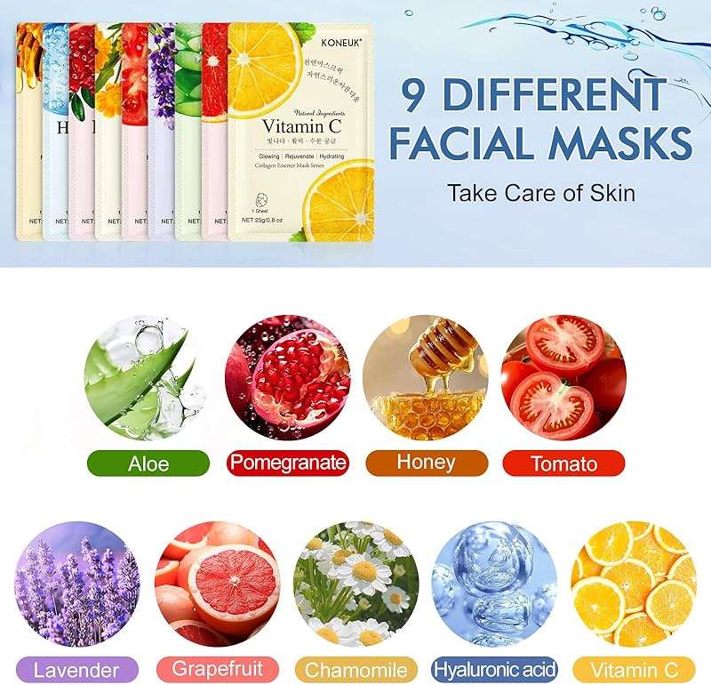 KONEUK 9 Pack Collagen Face Masks Skincare for Women, Hydrating Sheet Face Masks Suitable for All Skin Types, Bulk Facial Masks for Women Skin Care, Face Mask Gifts Set for Spa Party - Image 3