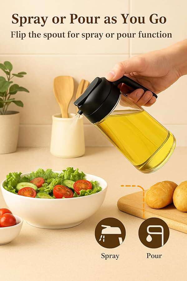 2025 2-in-1 Olive Oil Sprayer & Dispenser Bottle, 16oz Refillable Glass Oil Spray Bottle for Cooking, Air Fryer, BBQ & Salad – Adjustable Nozzle, Non-Drip Kitchen Gadget Gift for Home Cooks - Image 7