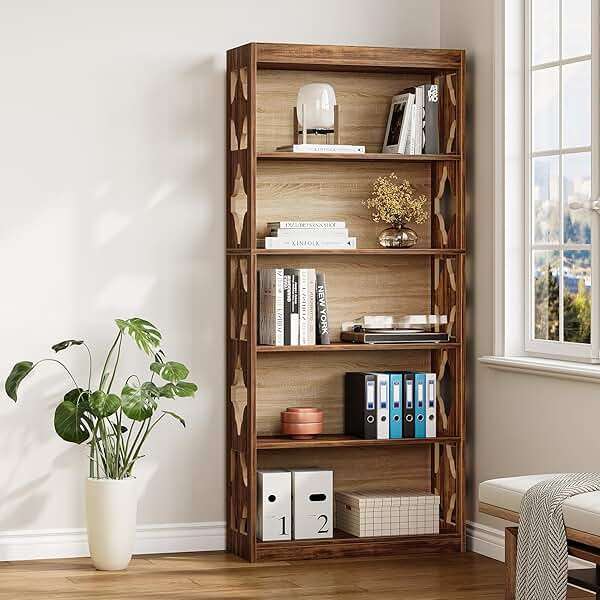 LITTLE TREE 69.9" Vintage Bookshelf, 5-Tier Tall Bookshelves, Cutout Design Vertical Bookcase, Freestanding Storage Display Shelf for Living Room, Bedroom, Study, Office, 1 Pack - Image 3