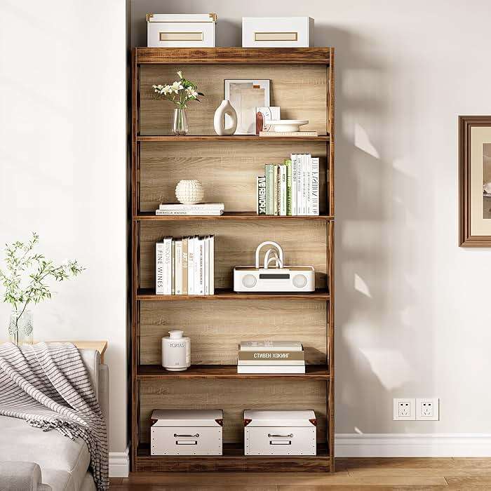 LITTLE TREE 69.9" Vintage Bookshelf, 5-Tier Tall Bookshelves, Cutout Design Vertical Bookcase, Freestanding Storage Display Shelf for Living Room, Bedroom, Study, Office, 1 Pack - Image 4