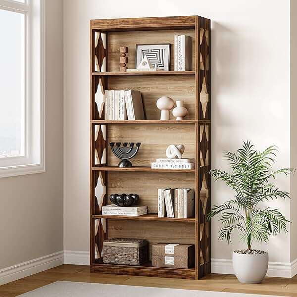 LITTLE TREE 69.9" Vintage Bookshelf, 5-Tier Tall Bookshelves, Cutout Design Vertical Bookcase, Freestanding Storage Display Shelf for Living Room, Bedroom, Study, Office, 1 Pack - Image 7