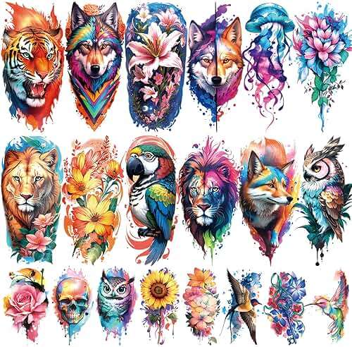 77 Sheets Flower Lion Tiger Temporary Tattoo for Women Men, 17 Sheets Half Arm Large Cat Owl Parrot Fake Tattoos, 60 Sheets Snake Wolf Feather Tiny for Adult Kids Body Tattoos Stickers Realistic - Image 1