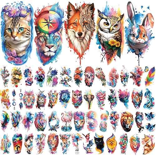 77 Sheets Flower Lion Tiger Temporary Tattoo for Women Men, 17 Sheets Half Arm Large Cat Owl Parrot Fake Tattoos, 60 Sheets Snake Wolf Feather Tiny for Adult Kids Body Tattoos Stickers Realistic - Image 2