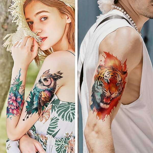 77 Sheets Flower Lion Tiger Temporary Tattoo for Women Men, 17 Sheets Half Arm Large Cat Owl Parrot Fake Tattoos, 60 Sheets Snake Wolf Feather Tiny for Adult Kids Body Tattoos Stickers Realistic - Image 3