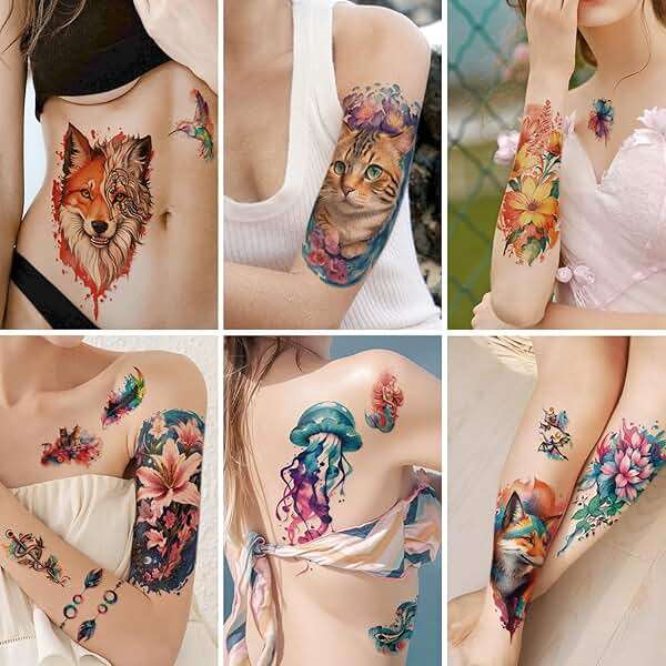 77 Sheets Flower Lion Tiger Temporary Tattoo for Women Men, 17 Sheets Half Arm Large Cat Owl Parrot Fake Tattoos, 60 Sheets Snake Wolf Feather Tiny for Adult Kids Body Tattoos Stickers Realistic - Image 4