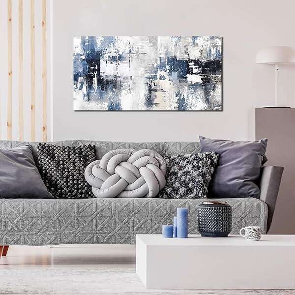 Prepeyssee White and Blue Abstract Canvas Wall Art for Living Room Bedroom Home Office Large Modern Grey Abstract Canvas Prints Picture Ready to Hang Size 20x40 - Image 3