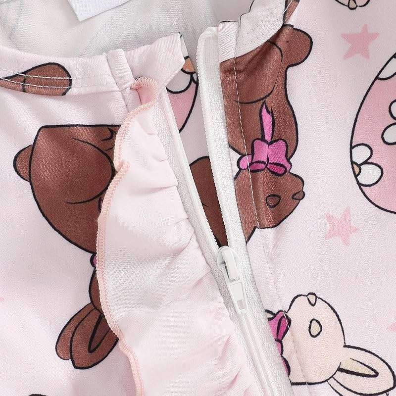 AHUGHAUE Newborn Baby Girl Easter Outfit Bow Bunny Print Footie Romper Ruffle Zipper Bodysuit Jumpsuit with Headband - Image 4