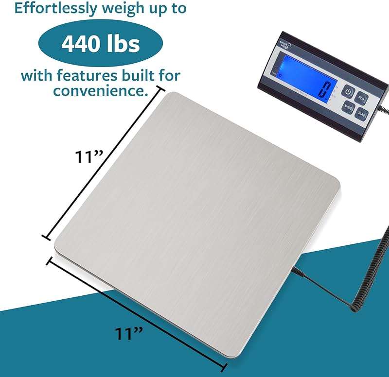 Smart Weigh Digital Postal Shipping Scale, 440 lb Capacity, 1 oz Readability, Hold & Tare Functions, Battery or USB-C Power, Corded Display, Stainless Steel Large Platform, Silver - Image 2