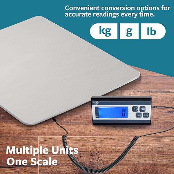 Smart Weigh Digital Postal Shipping Scale, 440 lb Capacity, 1 oz Readability, Hold & Tare Functions, Battery or USB-C Power, Corded Display, Stainless Steel Large Platform, Silver - Image 5