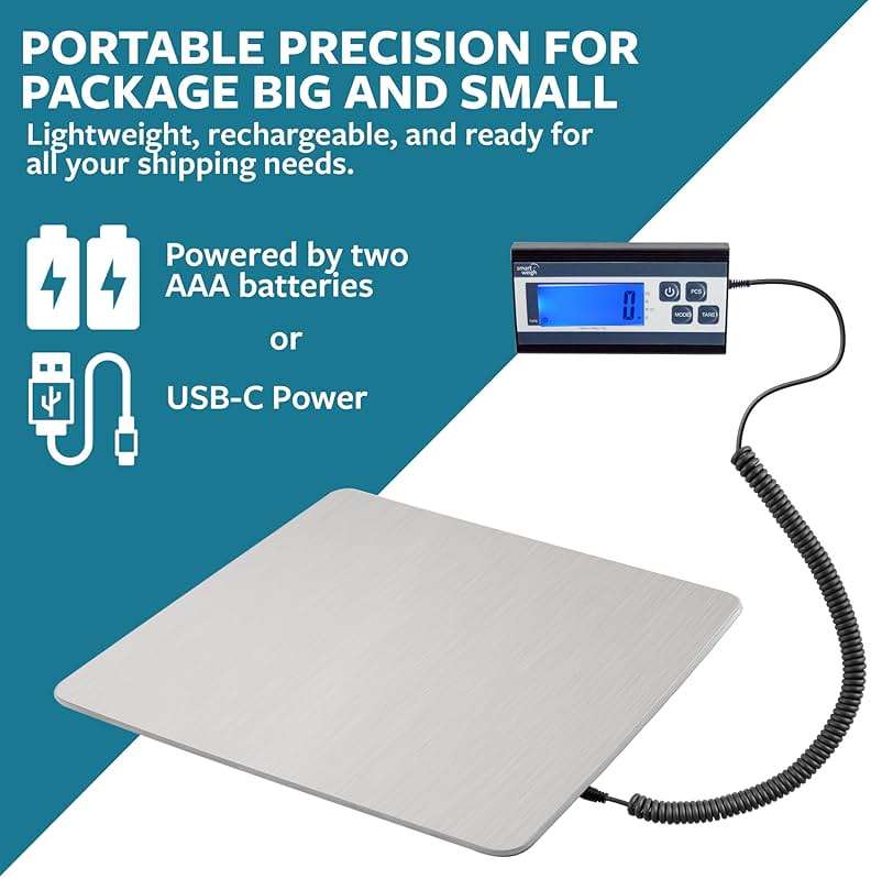 Smart Weigh Digital Postal Shipping Scale, 440 lb Capacity, 1 oz Readability, Hold & Tare Functions, Battery or USB-C Power, Corded Display, Stainless Steel Large Platform, Silver - Image 7