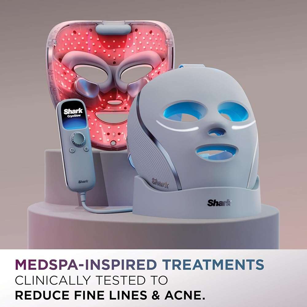 Shark CryoGlow LED Face Mask with Under-Eye Cooling, Anti-Ageing & Blemish Repair, Red & Blue LED, Infrared Light Therapy, USB-C, Remote Control, Storage Bag, Blue Frost, FW312 - Image 3