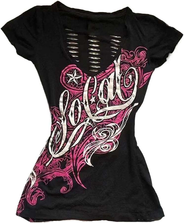 Emo Grunge Top Short Sleeve Y2k Shirts Vintage Streetwear Tops Women 2000s Fashion - Image 1