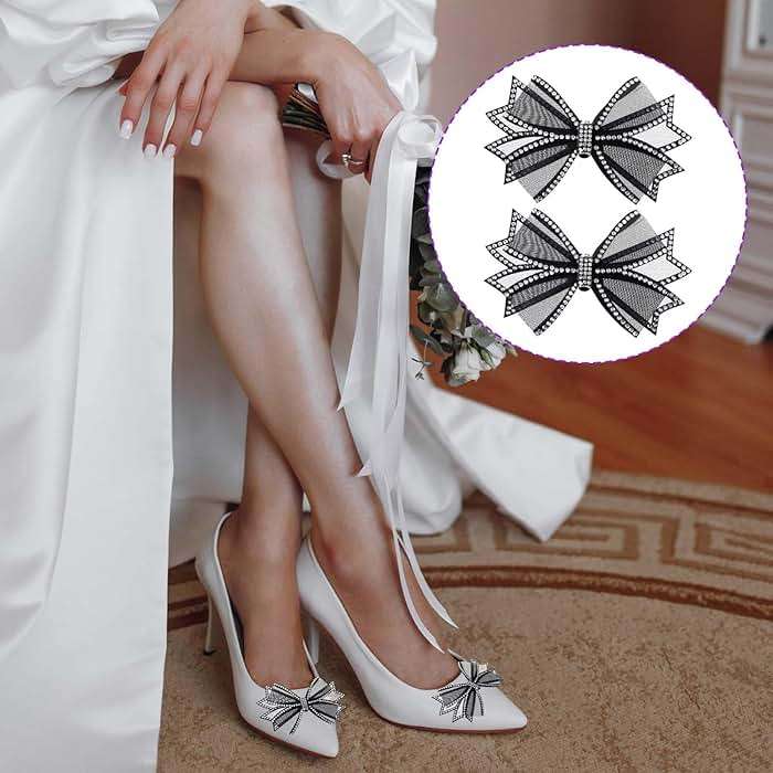 Shoe Clips for Women Dress Shoes 2 Pieces Mesh Bow Rhinestone High Heel Shoe Clips Removable Shoe Clips Rhinestone Shoe Clips Buckle Detachable Bow Heels Clothing Accessories for Wedding Party Prom - Image 4
