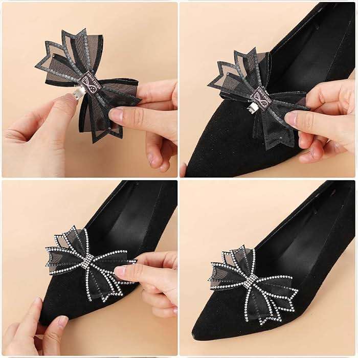 Shoe Clips for Women Dress Shoes 2 Pieces Mesh Bow Rhinestone High Heel Shoe Clips Removable Shoe Clips Rhinestone Shoe Clips Buckle Detachable Bow Heels Clothing Accessories for Wedding Party Prom - Image 6