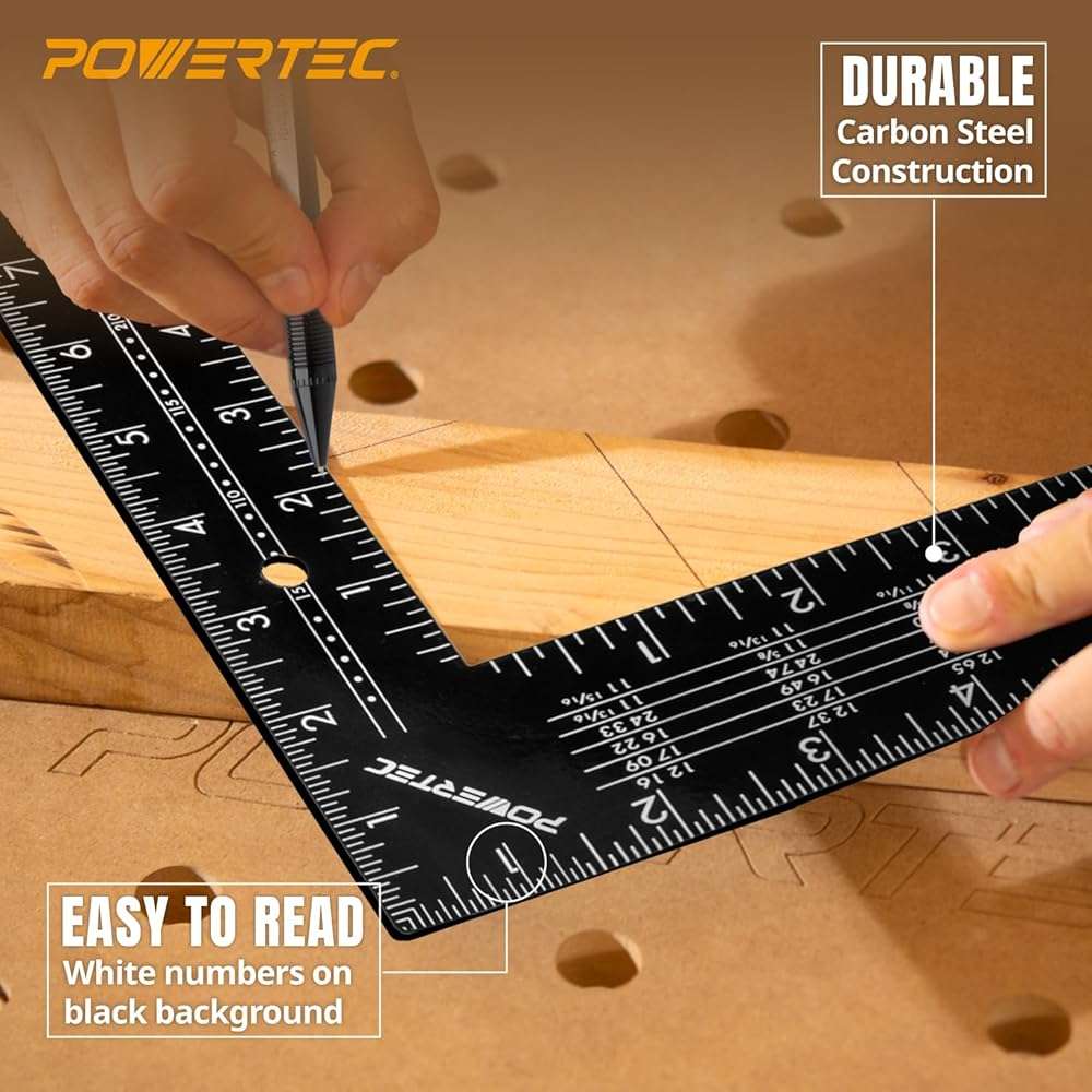 POWERTEC Framing Square, 16'' x 24'' Carpenter Square with Rafter Tables, Woodworking Square for Carpenter, Woodworking, Construction, Stair Gauges (80008W) - Image 3