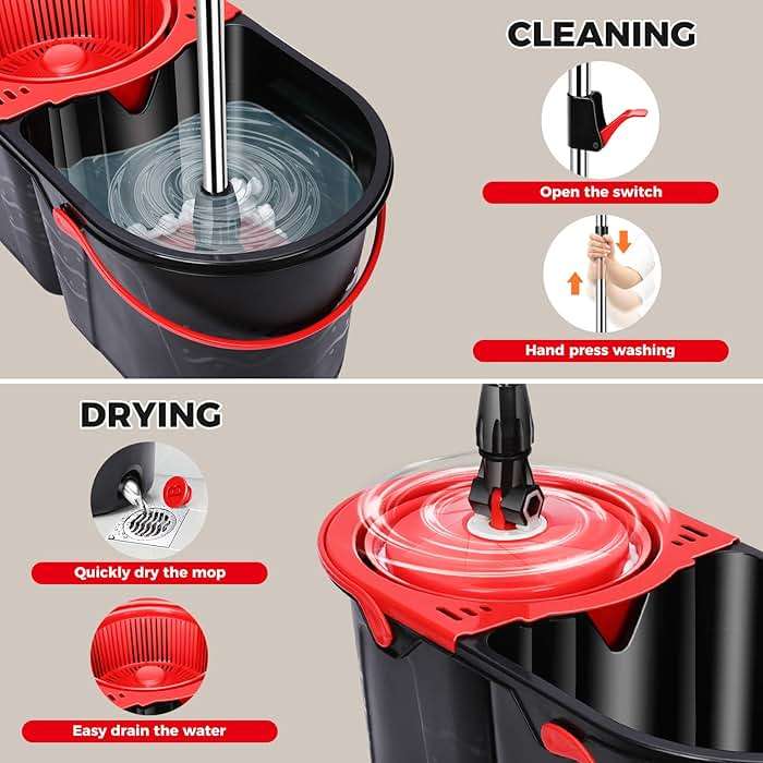 Gadhra Spin Mop and Bucket with Wringer Set for Home,360° Mop and Bucket with Separate Clean and Dirty Water,Wet Dust Mop for Floor Cleaning with 3 Mop Heads - Image 3