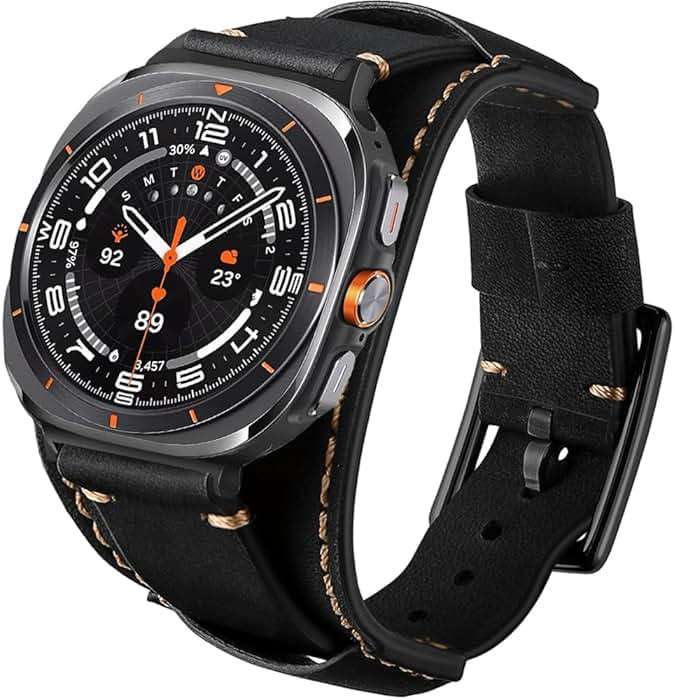 CooBES Genuine Leather Bands Compatible with Samsung Galaxy Watch Ultra 47mm Replacement Wristband,Smart Watch Bracelet Wristband Crazy Horse Cuff Adjustable Quick Release Straps for Women Men. - Image 1