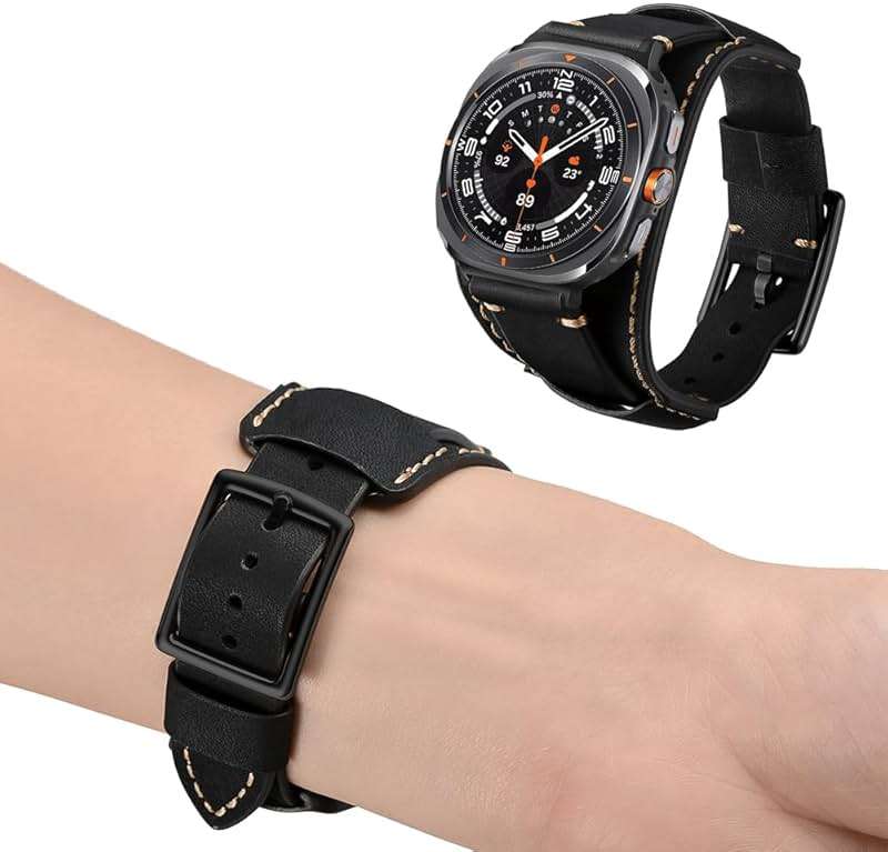 CooBES Genuine Leather Bands Compatible with Samsung Galaxy Watch Ultra 47mm Replacement Wristband,Smart Watch Bracelet Wristband Crazy Horse Cuff Adjustable Quick Release Straps for Women Men. - Image 5
