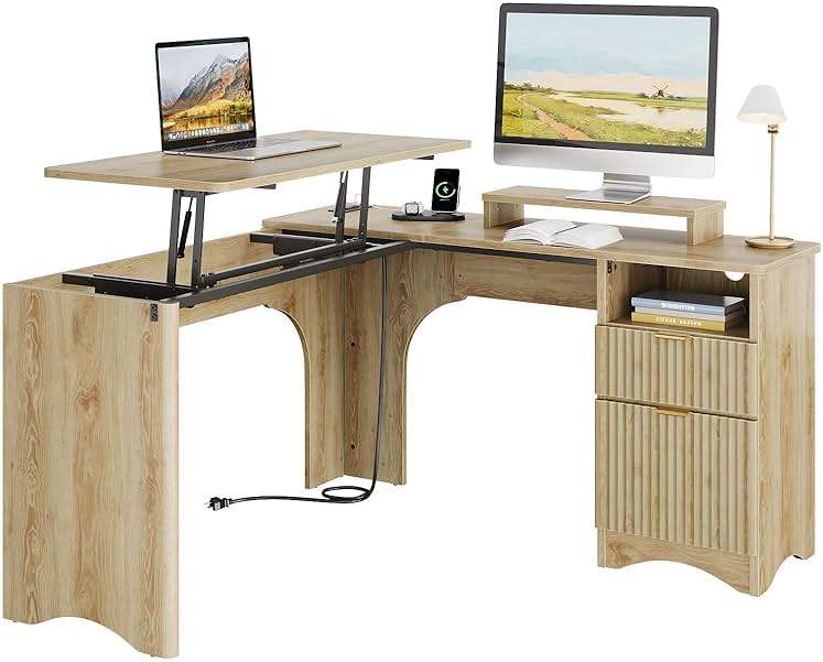 Bestier L Shaped Desk with Lift Desktop, 55 inch Corner Desk with Fluted Panel Deisgn Drawers, Modern Office Desk with File Drawer (Natual Oak, 55'' x 55'' Lift Top) - Image 1