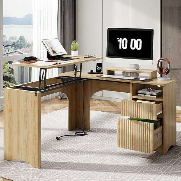 Bestier L Shaped Desk with Lift Desktop, 55 inch Corner Desk with Fluted Panel Deisgn Drawers, Modern Office Desk with File Drawer (Natual Oak, 55'' x 55'' Lift Top) - Image 2