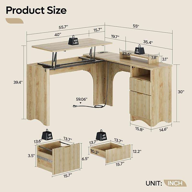 Bestier L Shaped Desk with Lift Desktop, 55 inch Corner Desk with Fluted Panel Deisgn Drawers, Modern Office Desk with File Drawer (Natual Oak, 55'' x 55'' Lift Top) - Image 3