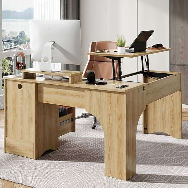 Bestier L Shaped Desk with Lift Desktop, 55 inch Corner Desk with Fluted Panel Deisgn Drawers, Modern Office Desk with File Drawer (Natual Oak, 55'' x 55'' Lift Top) - Image 4