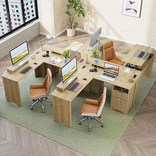 Bestier L Shaped Desk with Lift Desktop, 55 inch Corner Desk with Fluted Panel Deisgn Drawers, Modern Office Desk with File Drawer (Natual Oak, 55'' x 55'' Lift Top) - Image 5