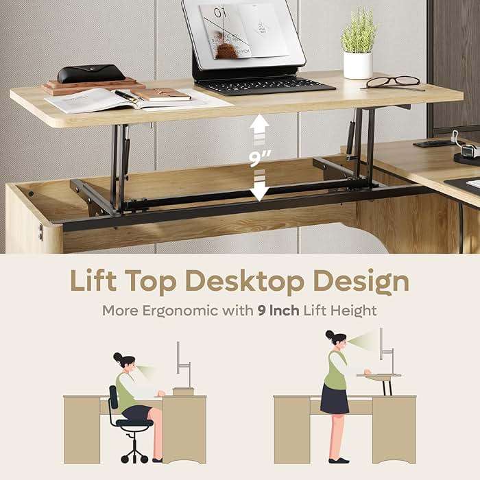 Bestier L Shaped Desk with Lift Desktop, 55 inch Corner Desk with Fluted Panel Deisgn Drawers, Modern Office Desk with File Drawer (Natual Oak, 55'' x 55'' Lift Top) - Image 7
