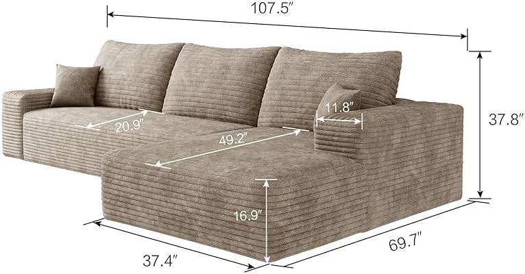 107 inch Cloud Sectional Couch Boneless Sofa in a Box for Living Room, Foam Floor Modular Sectional Sofa w/Deep Seat, Fluffy Corduroy Upholstered Couch with L-Shaped Chaise - Image 2