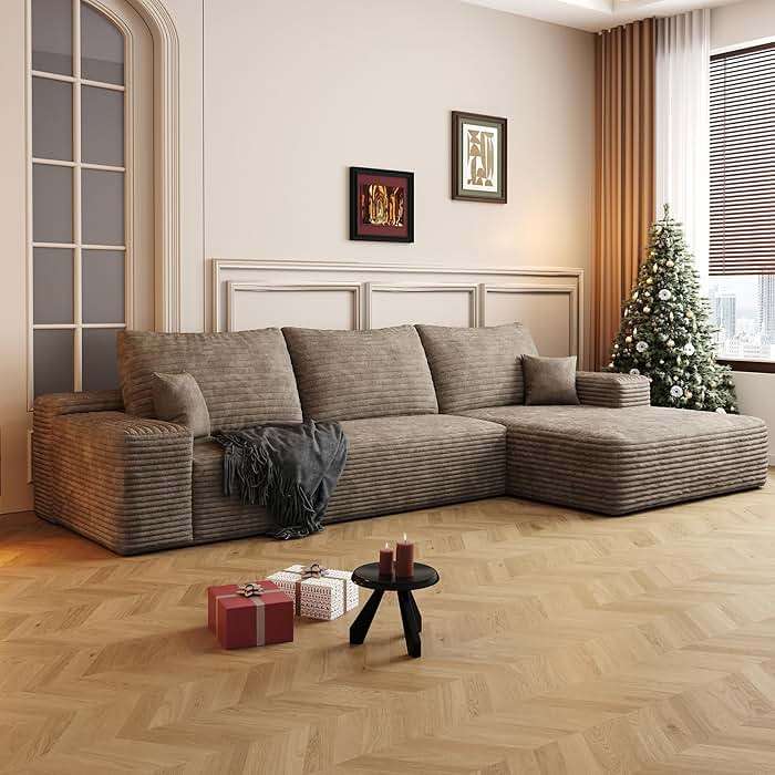 107 inch Cloud Sectional Couch Boneless Sofa in a Box for Living Room, Foam Floor Modular Sectional Sofa w/Deep Seat, Fluffy Corduroy Upholstered Couch with L-Shaped Chaise - Image 3