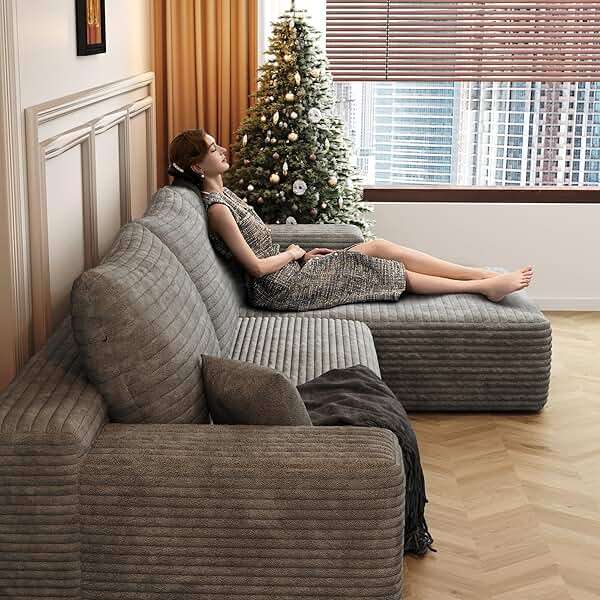 107 inch Cloud Sectional Couch Boneless Sofa in a Box for Living Room, Foam Floor Modular Sectional Sofa w/Deep Seat, Fluffy Corduroy Upholstered Couch with L-Shaped Chaise - Image 4