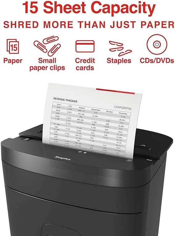 Staples 15-Sheet Cross Cut Paper Shredder for Home Office, P-4 Security, 20-Min Run Time, Shreds Paper/Credit Cards/CDs/DVDs, Quiet 65 dB, Auto Start/Stop, 5 Gallon, Black - Image 3