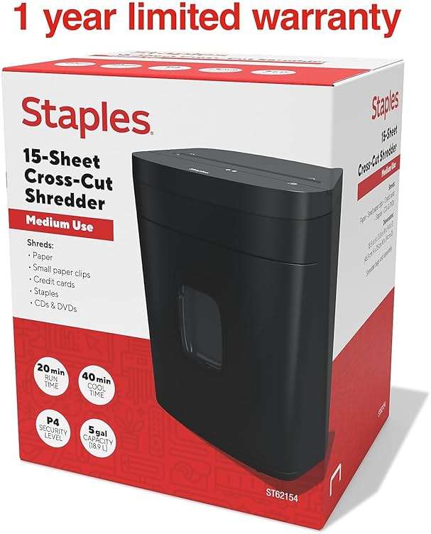 Staples 15-Sheet Cross Cut Paper Shredder for Home Office, P-4 Security, 20-Min Run Time, Shreds Paper/Credit Cards/CDs/DVDs, Quiet 65 dB, Auto Start/Stop, 5 Gallon, Black - Image 7