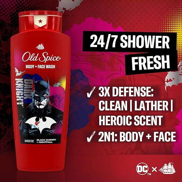 Old Spice Body Wash for Men, Batman: Dark Night, 3X Defense, 24/7 Shower Fresh with Lasting Scent, Cleansing 2-in-1 Body & Face Wash, Smell Like a Hero, Black Cherry and Nightfall Scent, 24 oz - Image 2