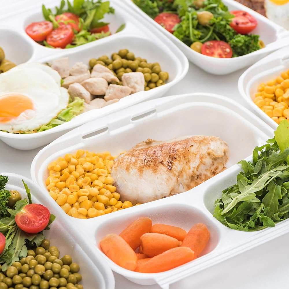 Freshware Clamshell Food Containers with Lids [8x8"] 3-Compartment 50-Pack, Disposable To Go Containers, Biodegradable Sugarcane To Go Boxes - Paper Containers - Microwave & Freezer Safe, Stackable - Image 2