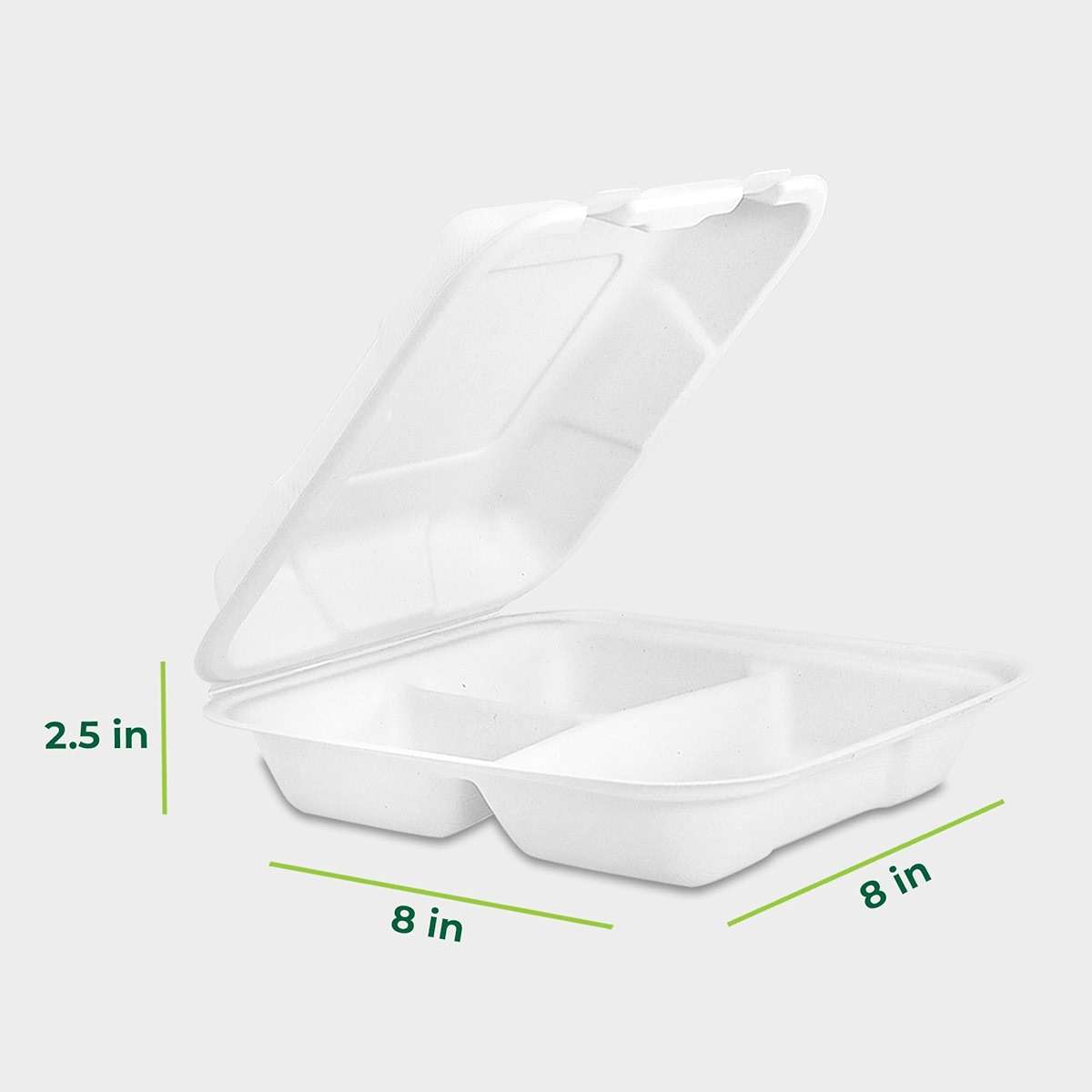 Freshware Clamshell Food Containers with Lids [8x8"] 3-Compartment 50-Pack, Disposable To Go Containers, Biodegradable Sugarcane To Go Boxes - Paper Containers - Microwave & Freezer Safe, Stackable - Image 3