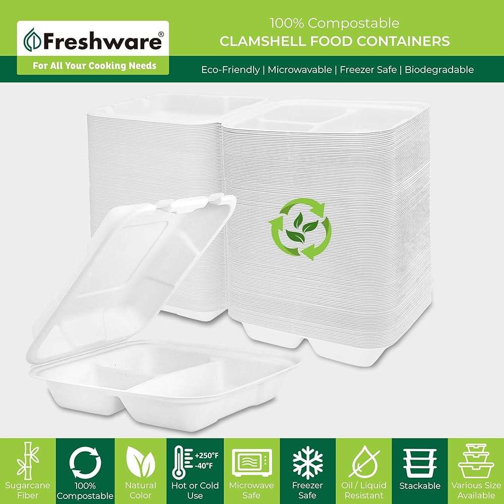 Freshware Clamshell Food Containers with Lids [8x8"] 3-Compartment 50-Pack, Disposable To Go Containers, Biodegradable Sugarcane To Go Boxes - Paper Containers - Microwave & Freezer Safe, Stackable - Image 4