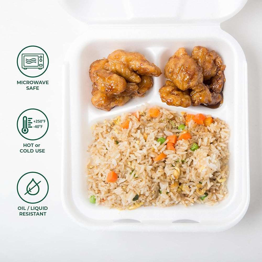 Freshware Clamshell Food Containers with Lids [8x8"] 3-Compartment 50-Pack, Disposable To Go Containers, Biodegradable Sugarcane To Go Boxes - Paper Containers - Microwave & Freezer Safe, Stackable - Image 5